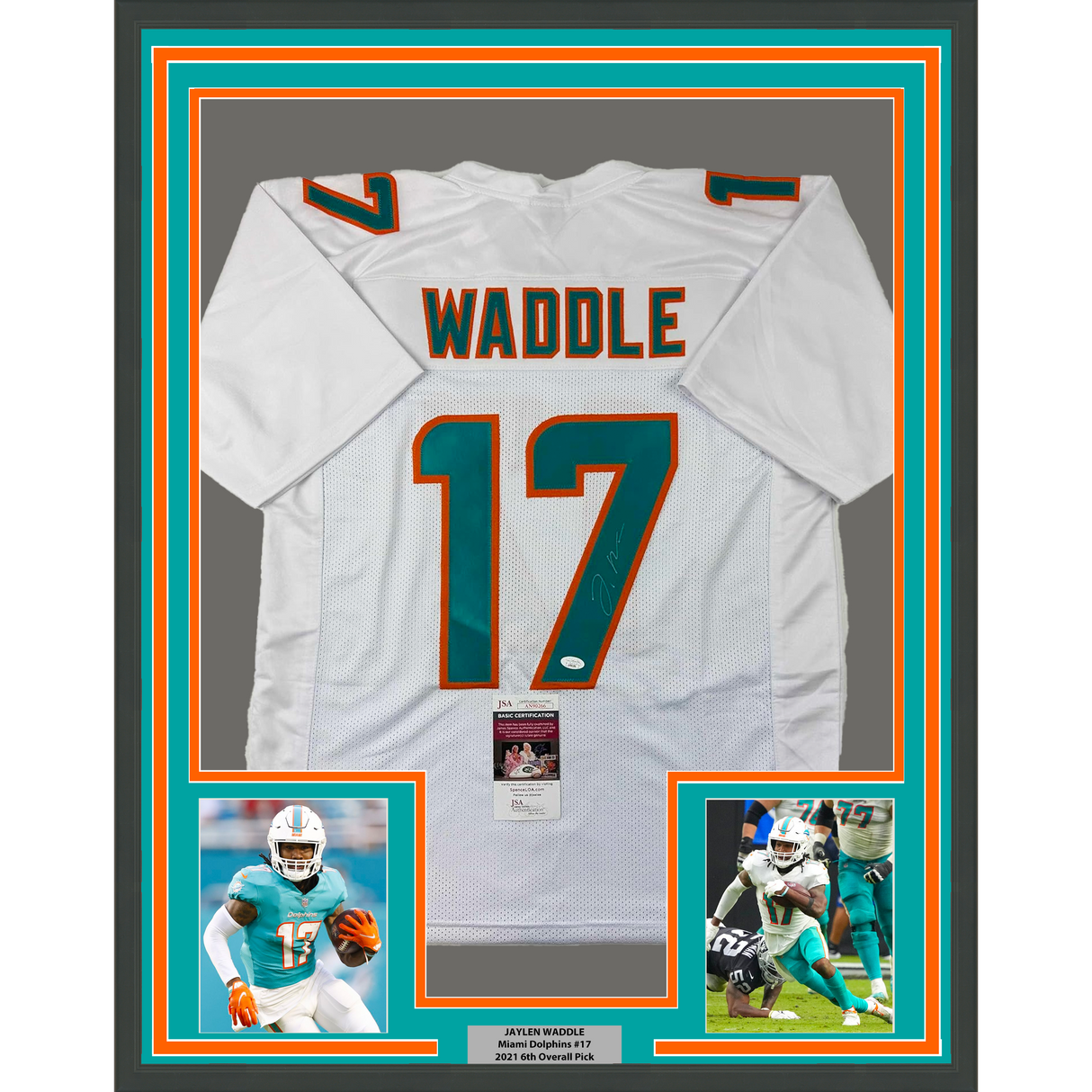 Camiseta de fútbol blanca de Miami, enmarcada, autografiada y firmada por Jaylen Waddle, 35 x 39, JSA COA