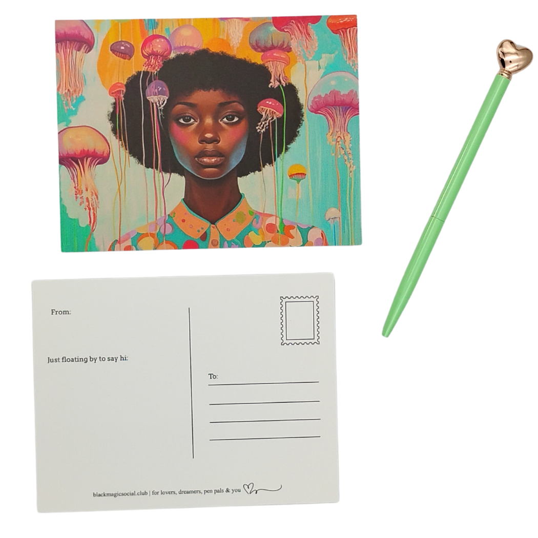 Underwater Whimsical Black Girl & Jellyfish Postcard for Friends & Penpals
