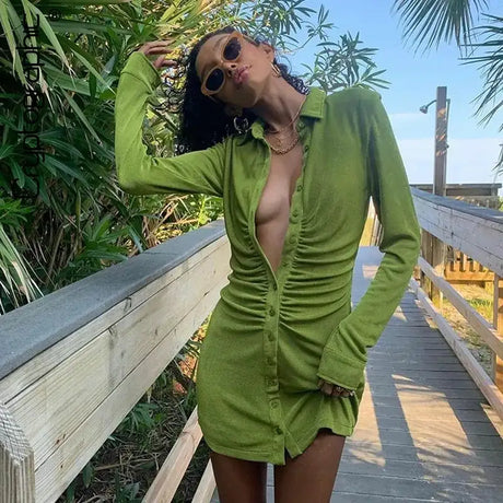Women Ruched Shirt Dresses - Lootquake