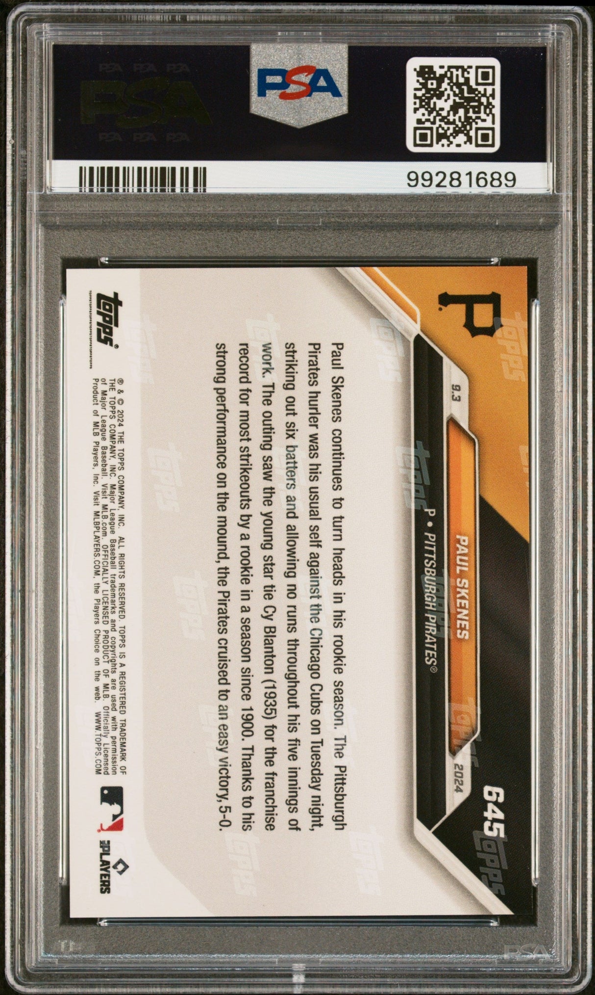 Tarjeta de béisbol de Paul Skenes #645 Rookie RC, clasificada en Topps Now 2024, PSA 10 Gem Mint