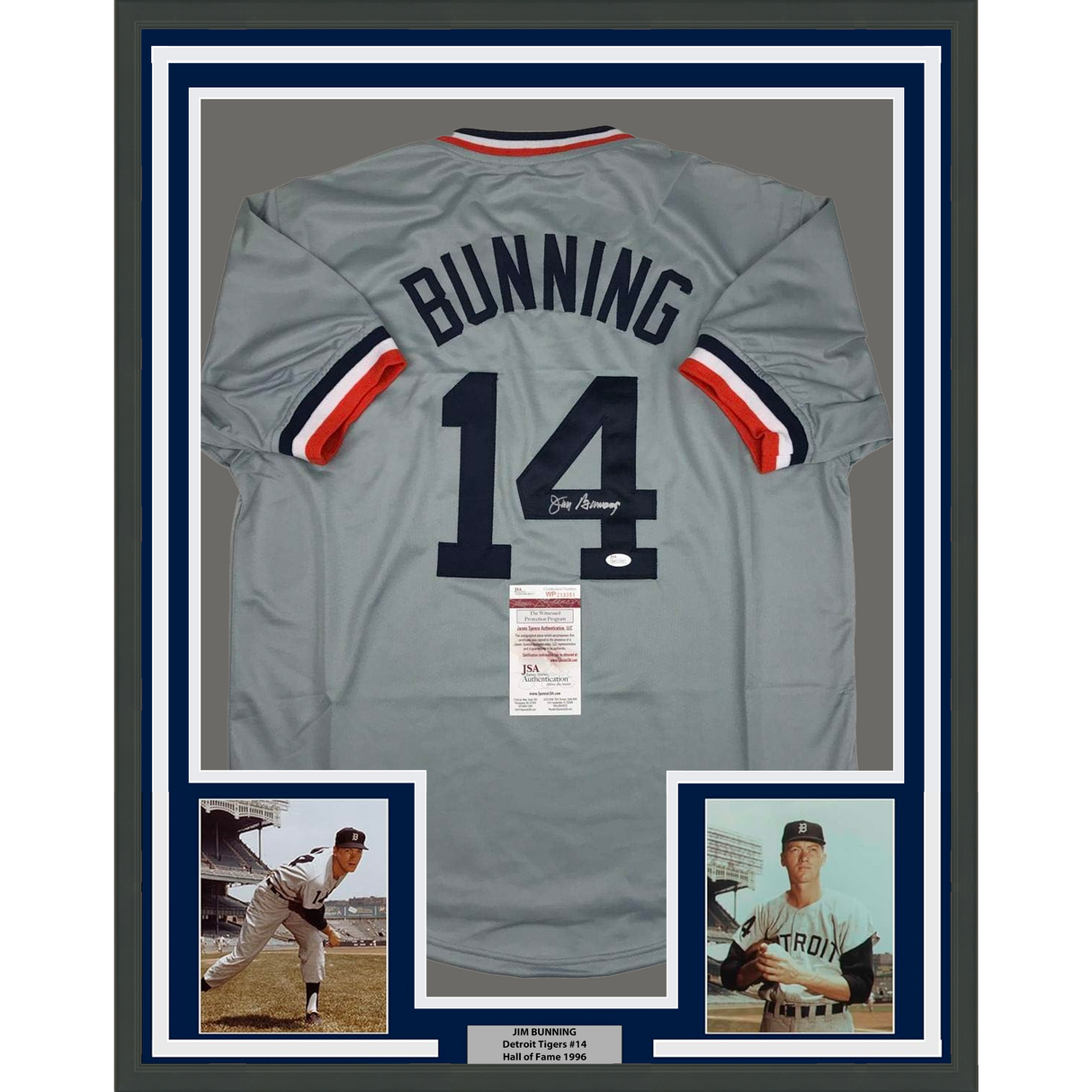 Camiseta de béisbol enmarcada, autografiada y firmada por Jim Bunning, 35 x 39, gris Detroit, JSA COA