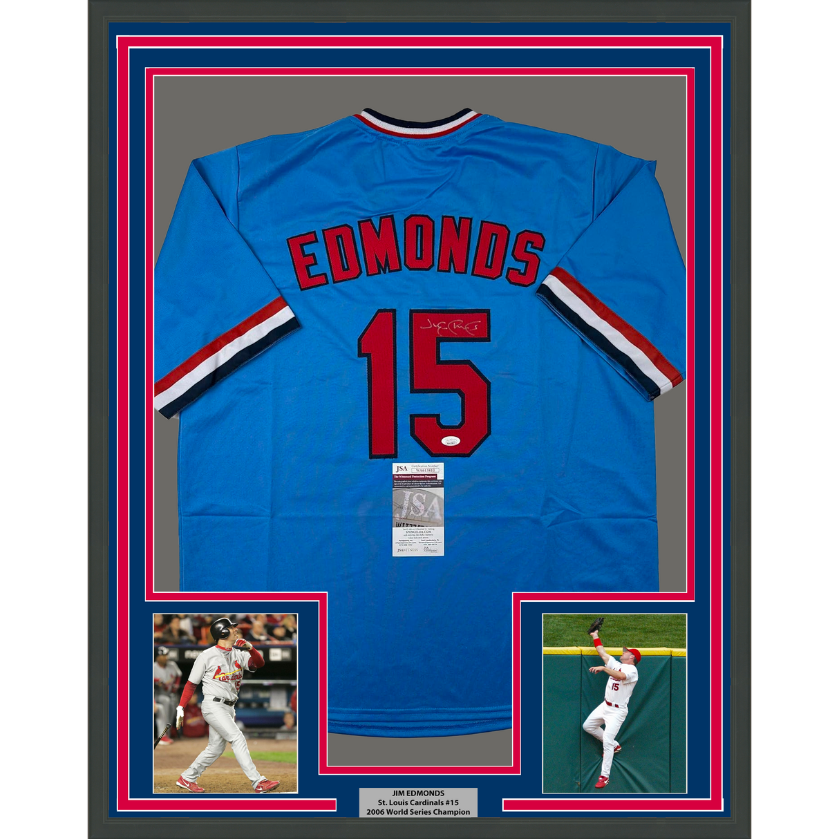 Camiseta de béisbol azul de San Luis de 35 x 39, enmarcada y autografiada de Jim Edmonds (JSA COA)