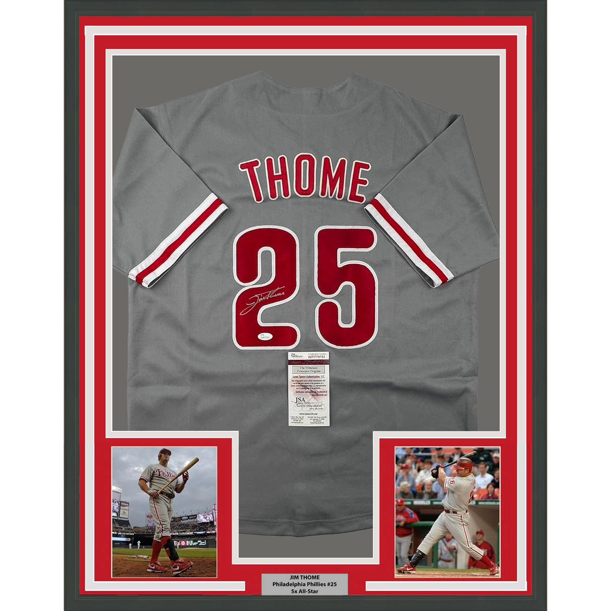 Camiseta de béisbol gris de Filadelfia de 35 x 39, enmarcada, autografiada y firmada por Jim Thome (JSA COA)