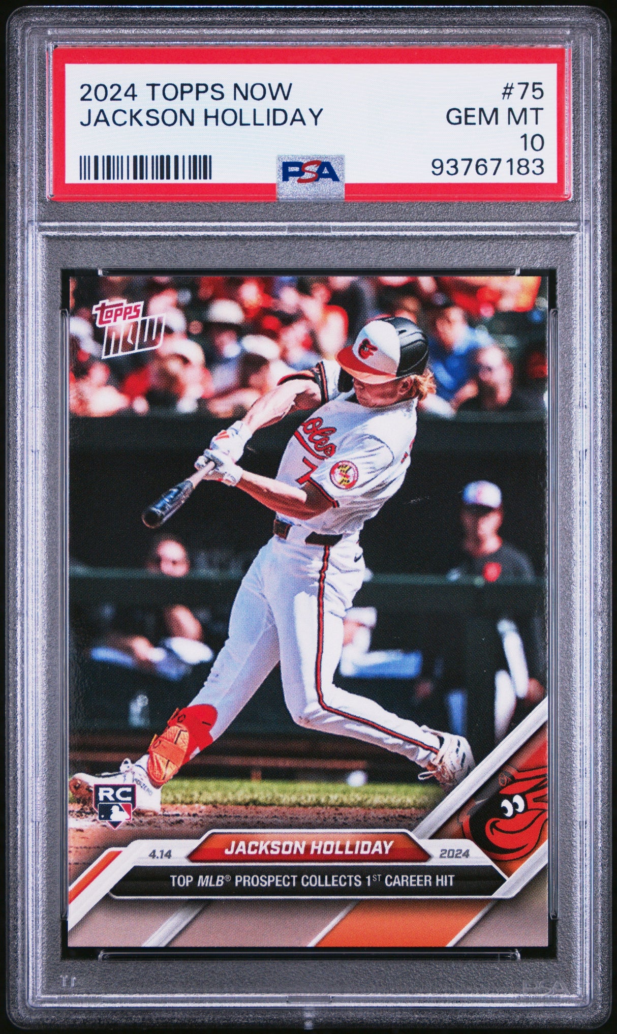Tarjeta de béisbol de Jackson Holliday #75, primer hit de su carrera, calificada en 2024 (Topps Now), de la marca Rookie. PSA 10 Gem Mint.