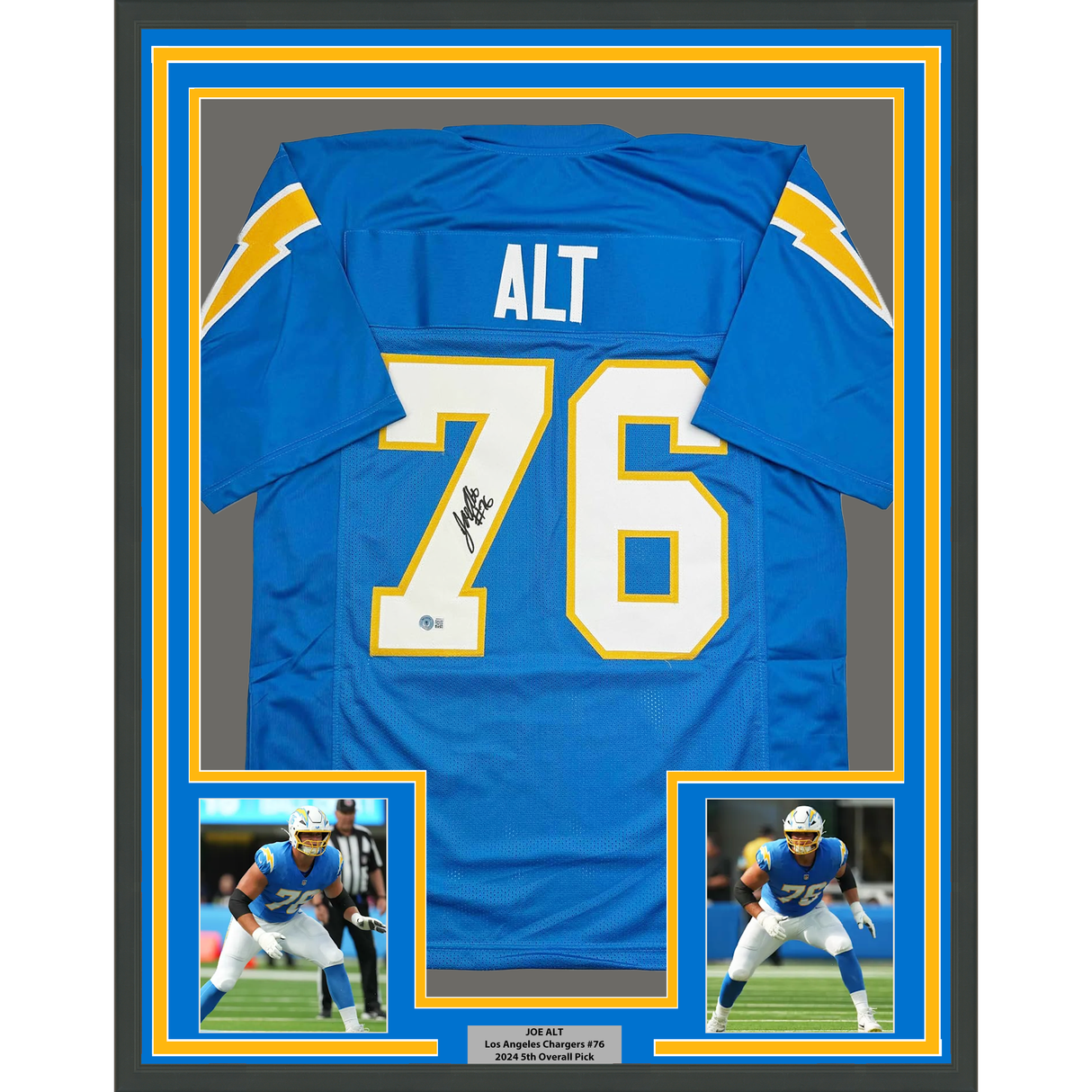 Framed Autographed/Signed Joe Alt 35x39 Los Angeles LA Powder Blue Football Jersey Beckett BAS COA