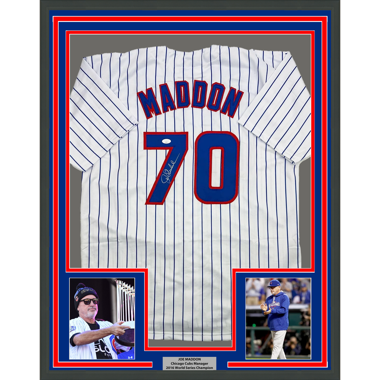 Camiseta de béisbol de rayas de Chicago de Joe Maddon, enmarcada, autografiada y firmada, 35 x 39, JSA COA