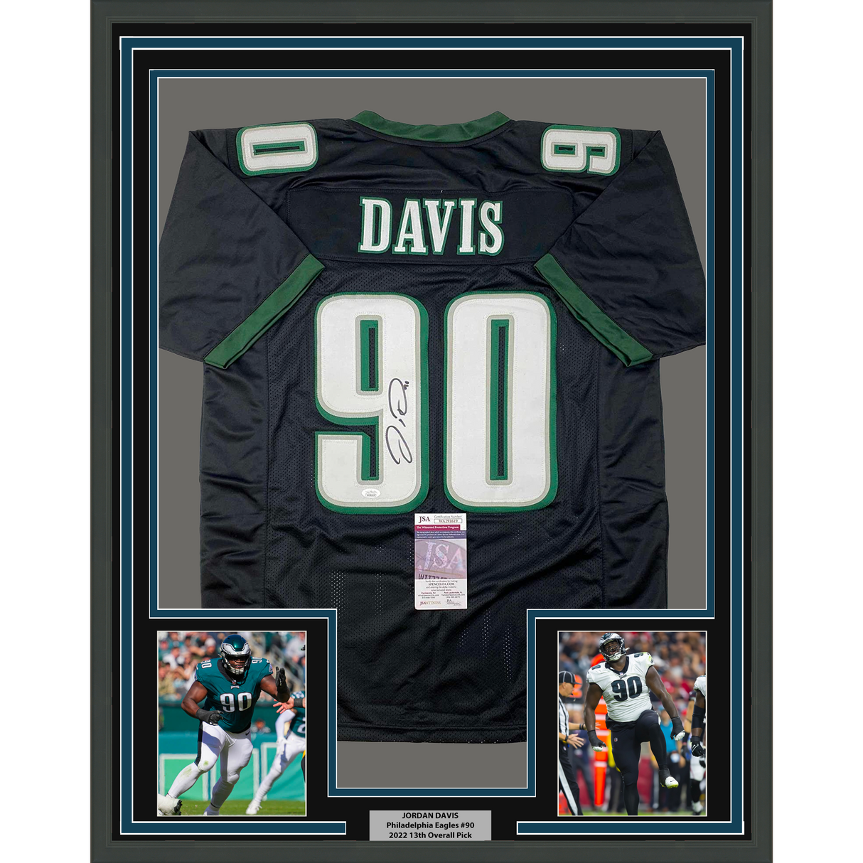 Camiseta de fútbol negra de Filadelfia de Jordan Davis, enmarcada, autografiada y firmada, 35 x 39, JSA COA