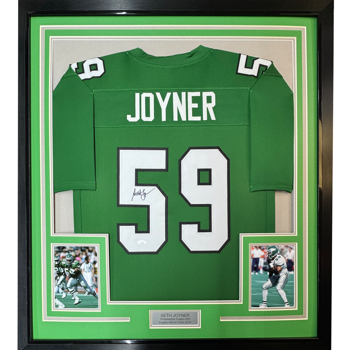 Camiseta de fútbol verde Filadelfia de 35 x 39, enmarcada, autografiada y firmada por Seth Joyner (JSA COA)