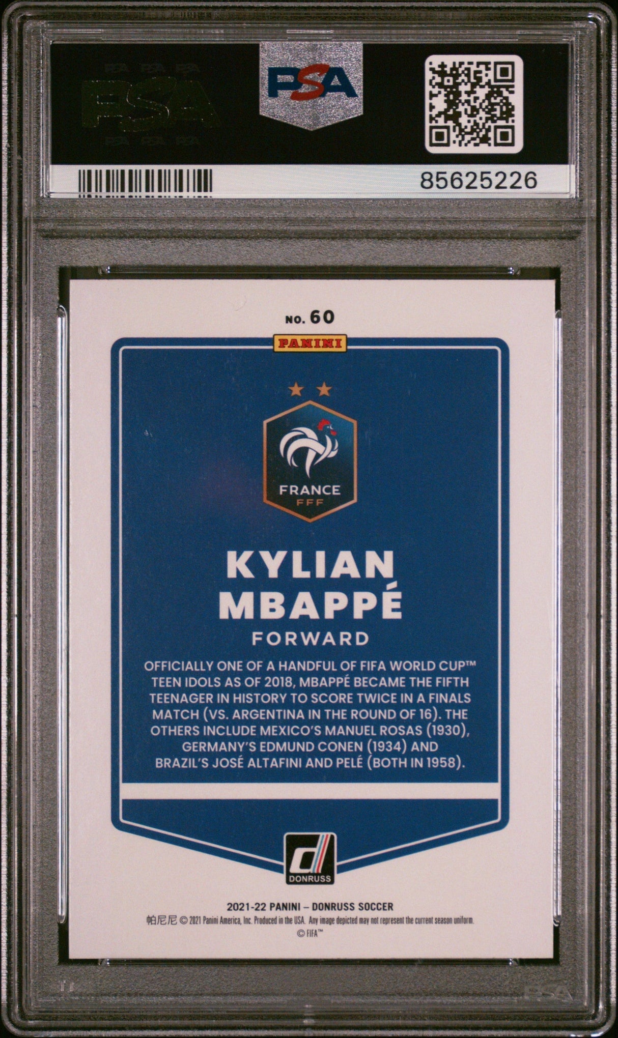 Tarjeta de fútbol Panini Donruss Road to Qatar Kylian Mbappé n.° 60 (clasificada 2021-22) PSA 9 Mint