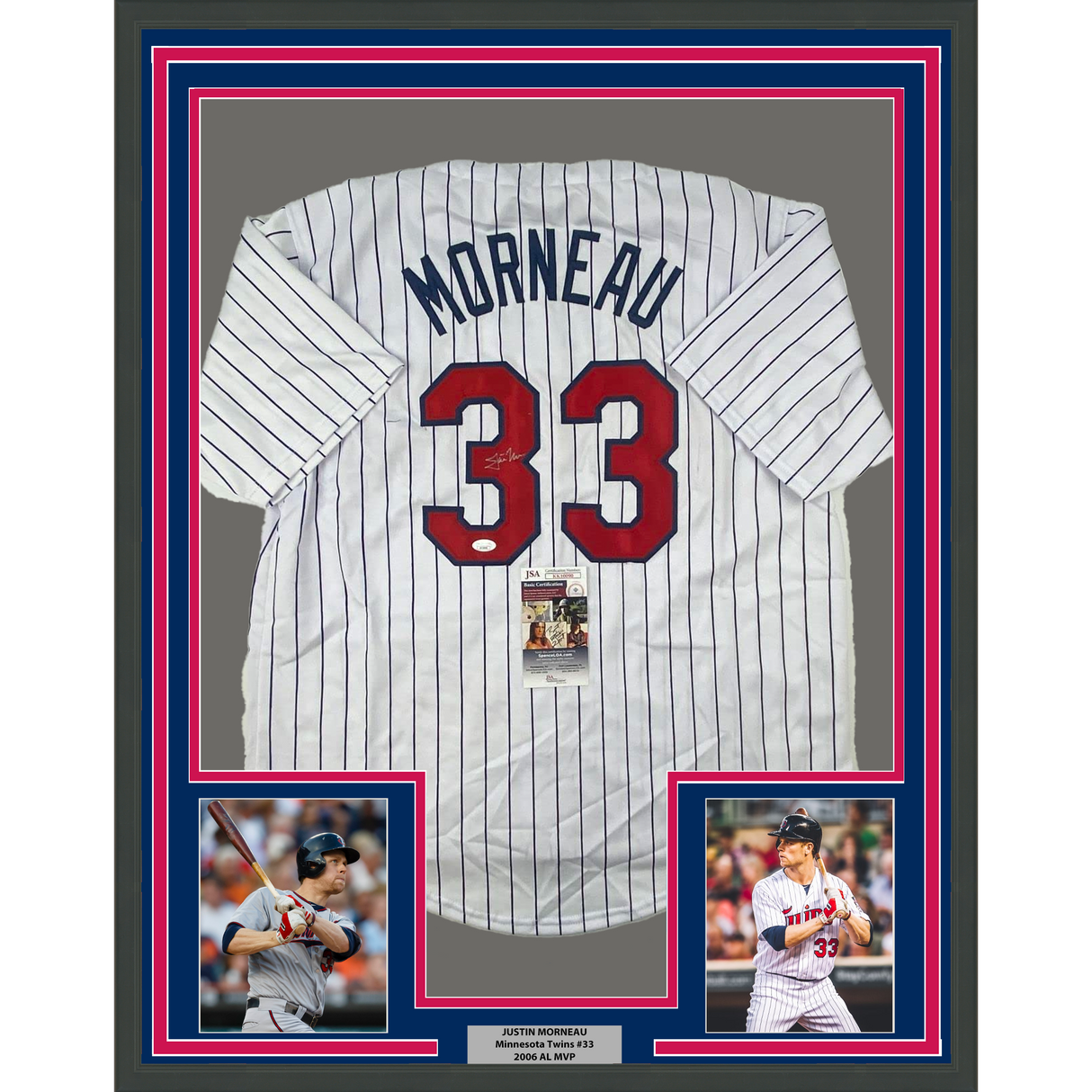 Camiseta de béisbol de rayas de Minnesota de 35 x 39, enmarcada, autografiada y firmada por Justin Morneau (JSA COA)