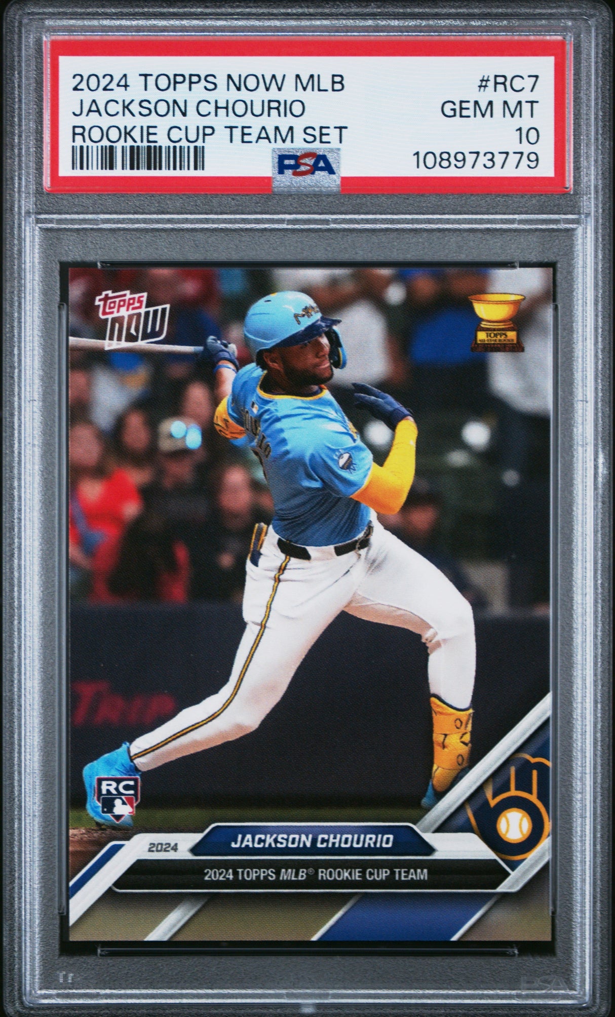 Tarjeta de béisbol de novato RC Jackson Chourio #RC7 de Topps Now, clasificada en 2024, con 10 gemas, color menta.