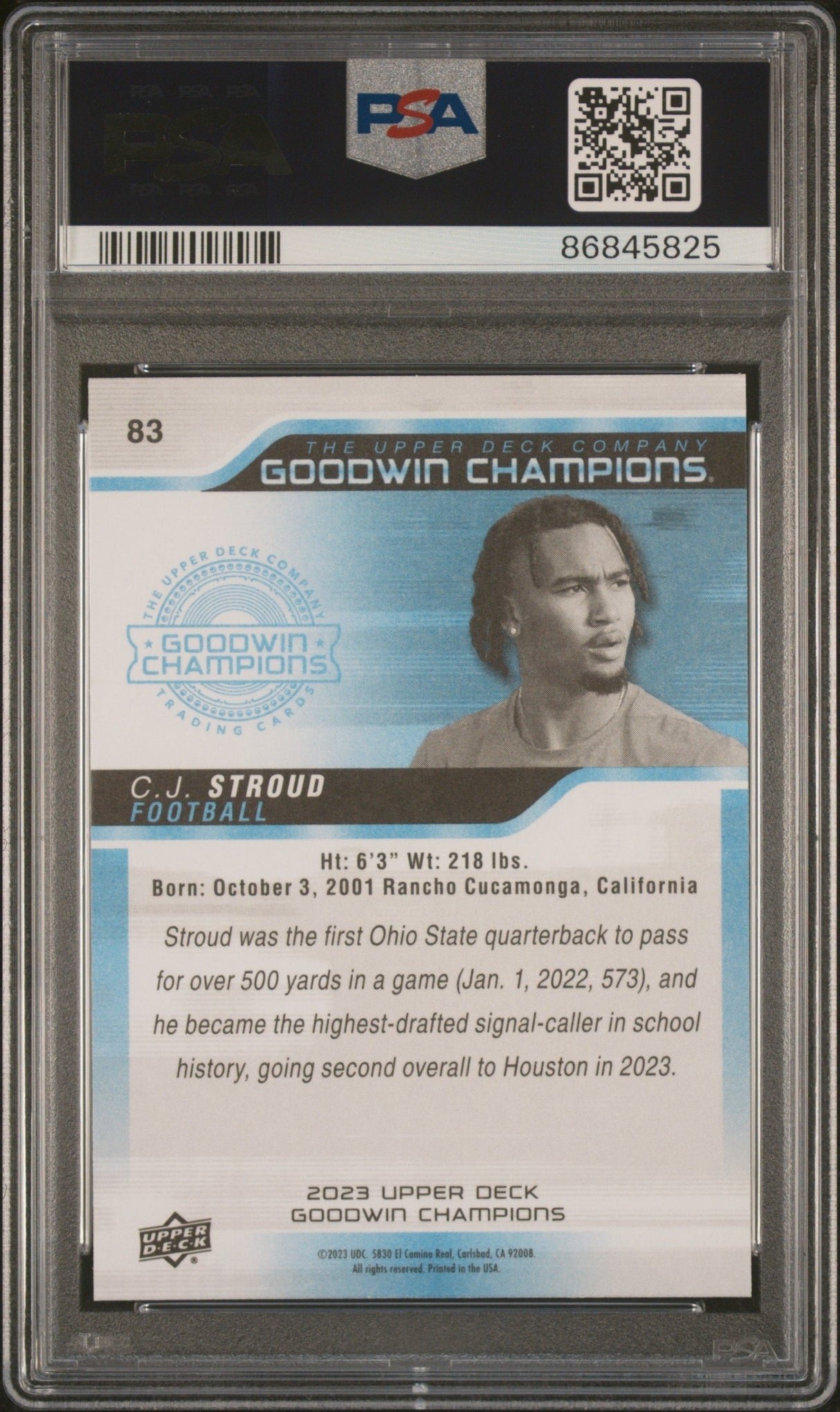 Tarjeta de fútbol RC CJ Stroud #83 Rookie de Upper Deck Goodwin Champions, clasificada en 2023, PSA 10 Gem Mint