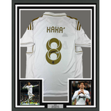 Framed Autographed/Signed Ricardo Kaka 35x39 Real Madrid White/Gold Retro Soccer Futbol Jersey Beckett BAS COA