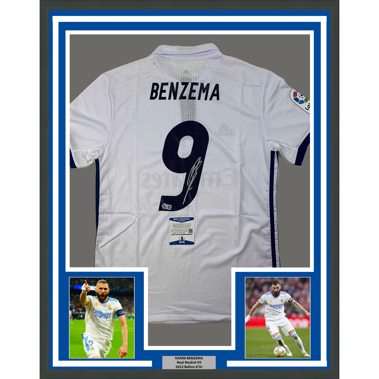 Camiseta de fútbol blanca enmarcada y firmada de Karim Benzema (35 x 39 cm) del Real Madrid 2016-17 Beckett BAS COA