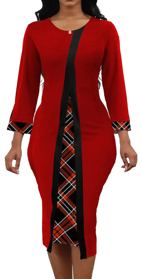 Womens African Print Dress Church Dresses Work Business Bodycon Sleeve Round Neck Red Pencil Dresses - Lootquake