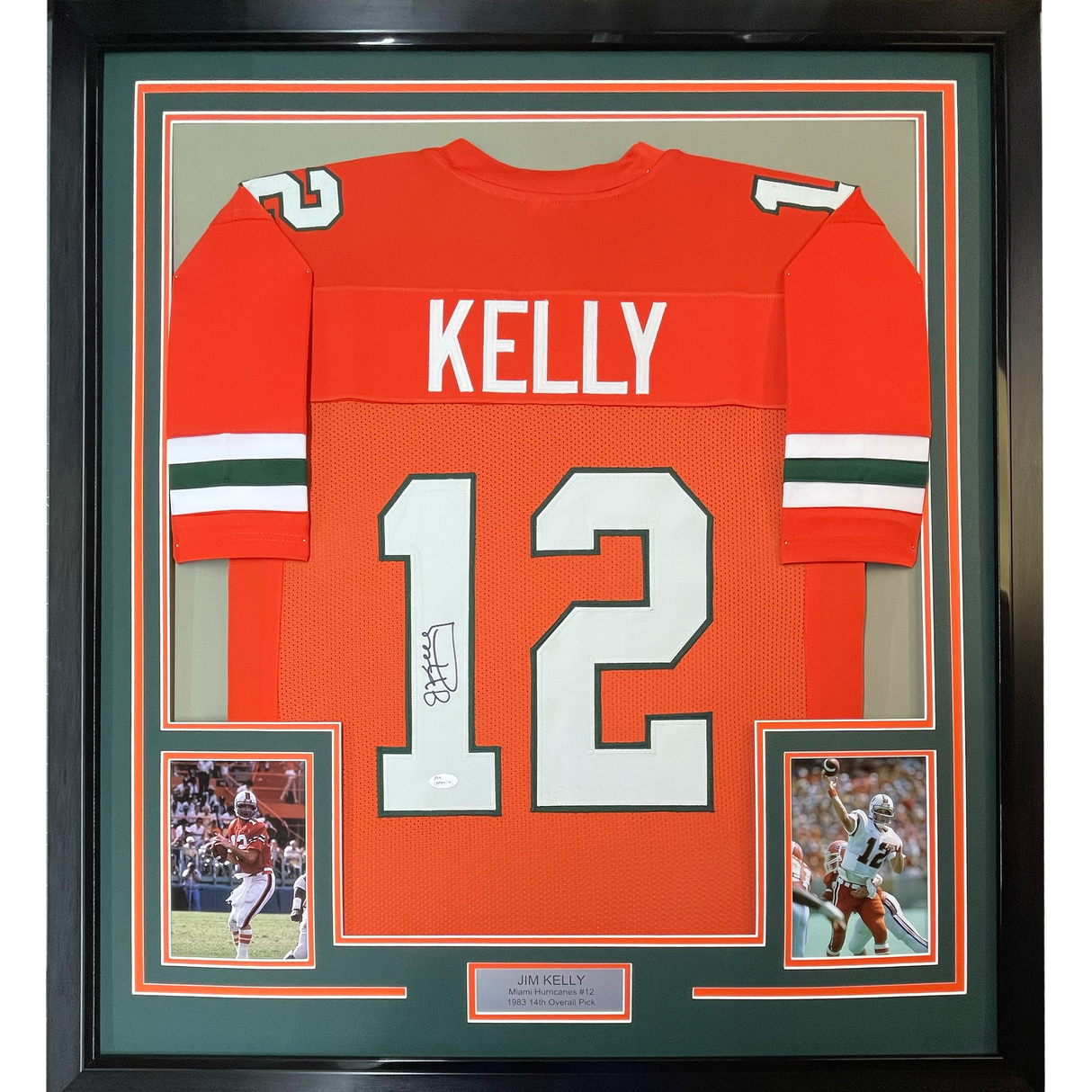 Camiseta de fútbol americano universitario enmarcada, autografiada y firmada por Jim Kelly, 35 x 39, color naranja, de los Miami Hurricanes, JSA COA