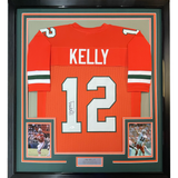 Camiseta de fútbol americano universitario enmarcada, autografiada y firmada por Jim Kelly, 35 x 39, color naranja, de los Miami Hurricanes, JSA COA