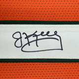 Camiseta de fútbol americano universitario enmarcada, autografiada y firmada por Jim Kelly, 35 x 39, color naranja, de los Miami Hurricanes, JSA COA