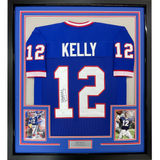 Framed Autographed/Signed Jim Kelly 35x39 Buffalo Blue Football Jersey JSA COA