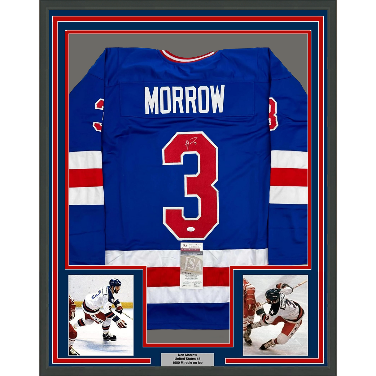Camiseta de hockey de Estados Unidos "Miracle On Ice" de Ken Morrow, enmarcada, autografiada y firmada, 35 x 39, azul, 1980, JSA COA