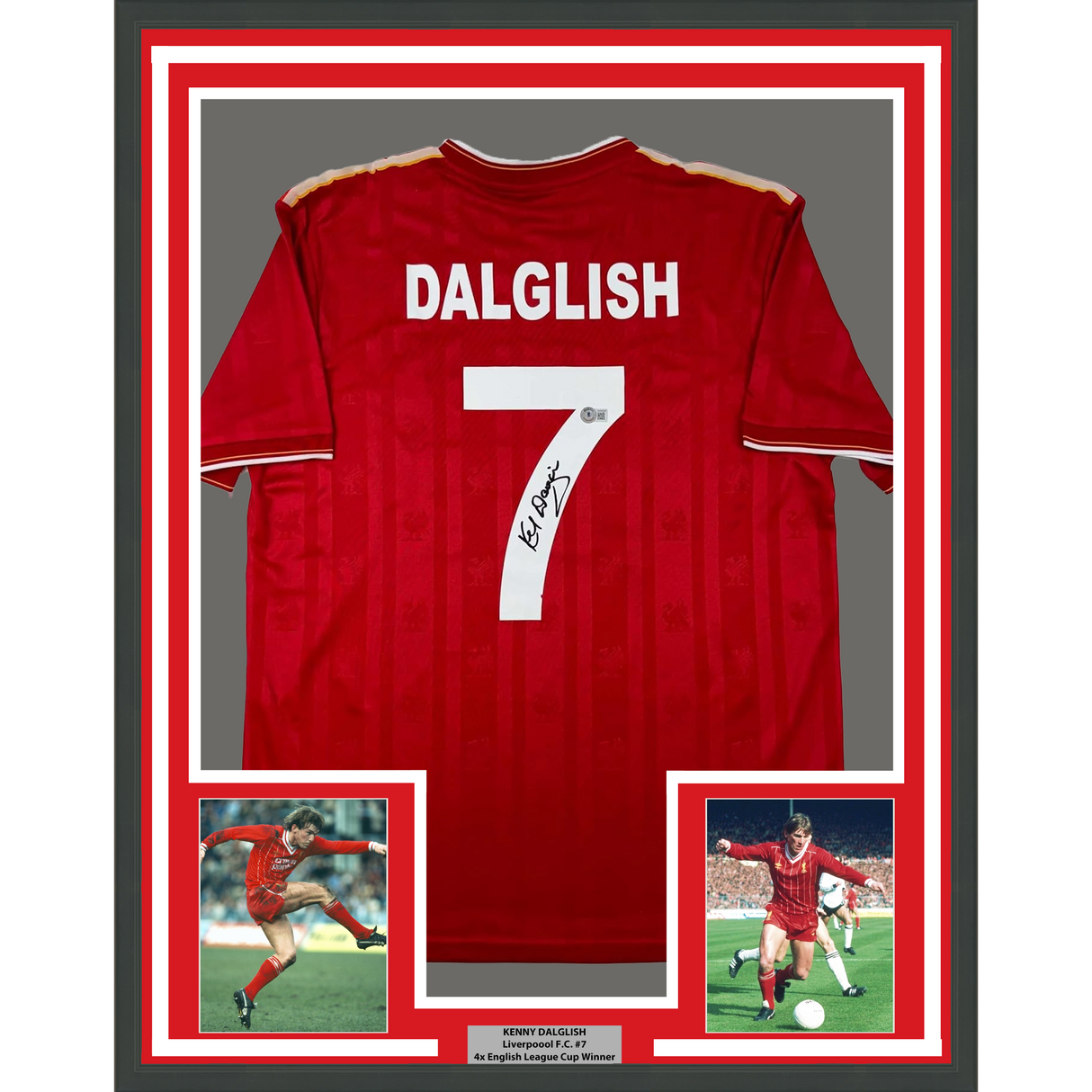 Camiseta de fútbol enmarcada, autografiada y firmada por Kenny Dalglish, 35 x 39, Liverpool Red Crown Paints, Beckett BAS COA