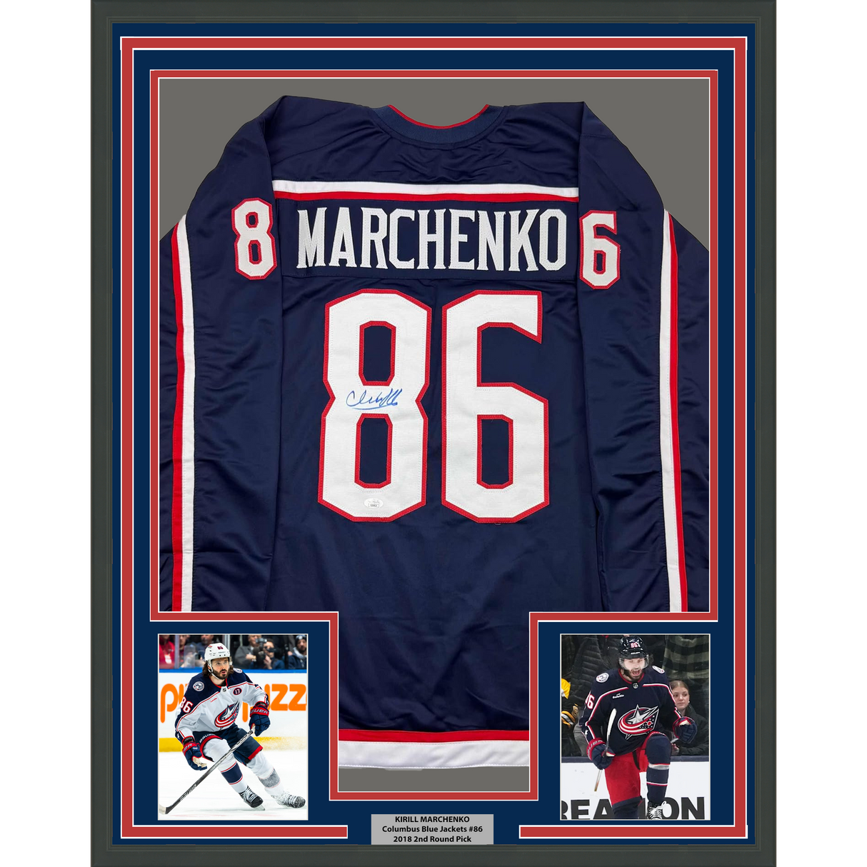 Camiseta de hockey azul Columbus de 35 x 39, enmarcada, autografiada y firmada por Kirill Marchenko (JSA COA)