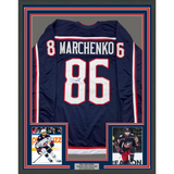 Camiseta de hockey azul Columbus de 35 x 39, enmarcada, autografiada y firmada por Kirill Marchenko (JSA COA)