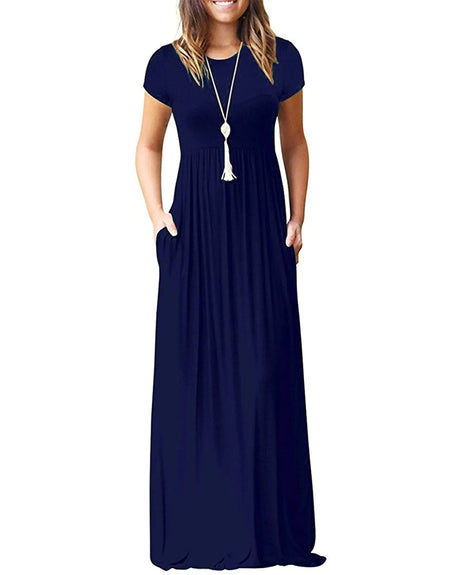 MISFAY Women Short Sleeve Loose Plain Maxi Dresses Casual Long Dresses Pockets(Navy BlueS) - Lootquake