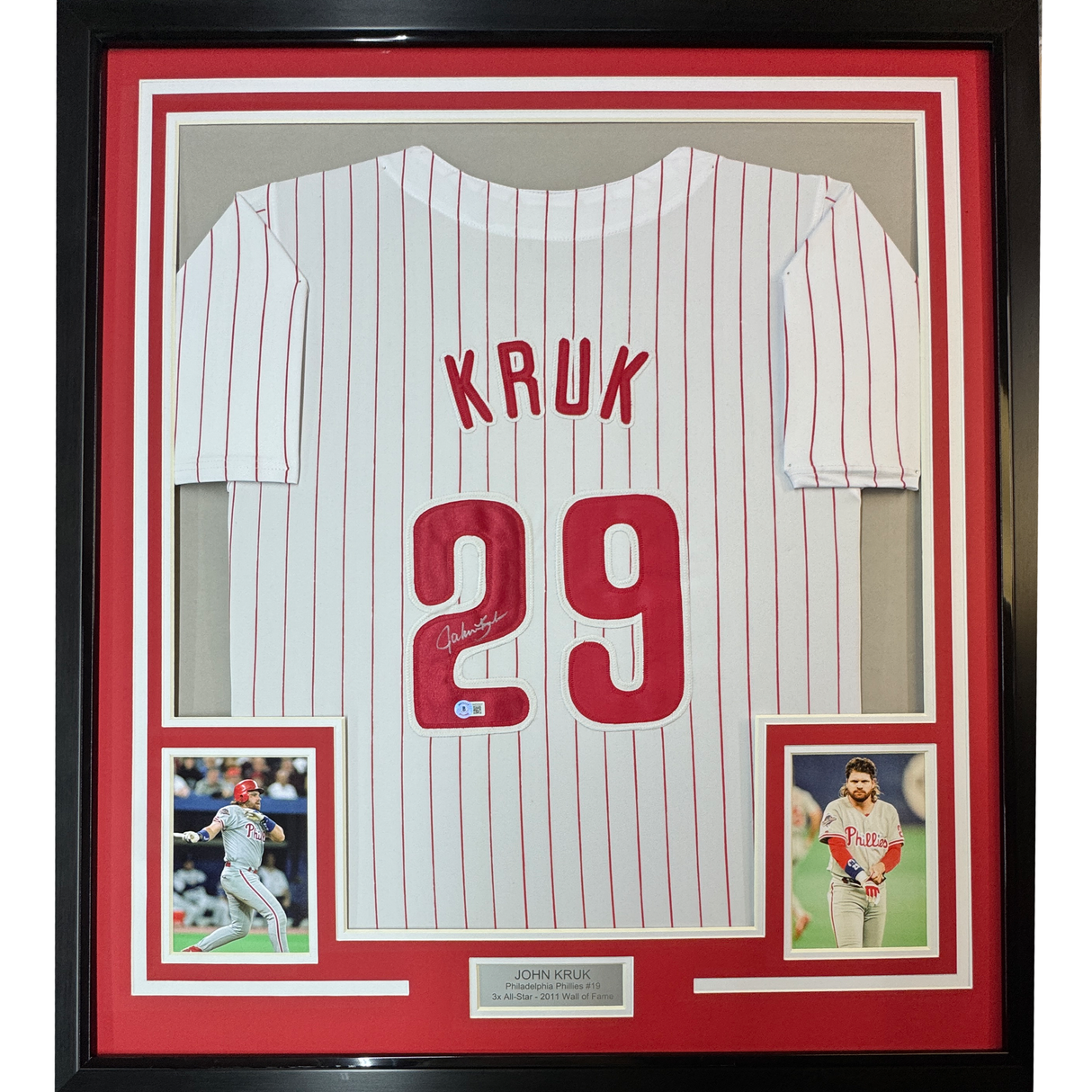 Camiseta de béisbol de rayas de Filadelfia de John Kruk, enmarcada, autografiada y firmada, 35 x 39, JSA COA