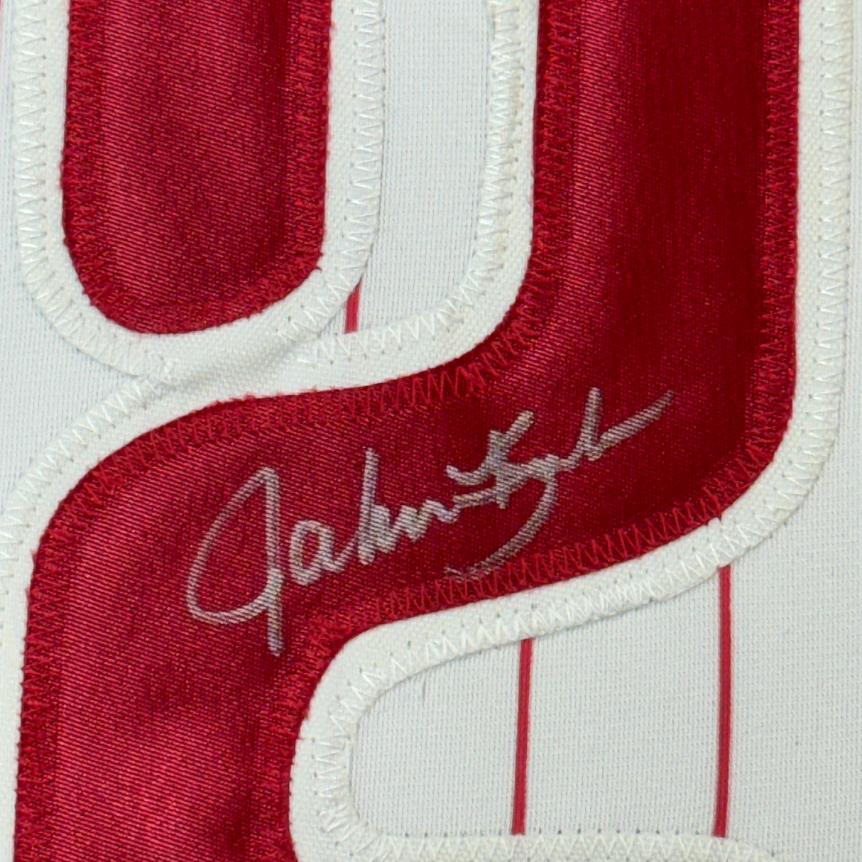 Camiseta de béisbol de rayas de Filadelfia de John Kruk, enmarcada, autografiada y firmada, 35 x 39, JSA COA