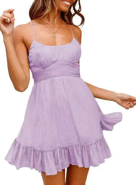 Dokotoo Womens Solid Summer Dresses Scoop Neck Spaghetti Strap Dresses Casual Bowknot Backless Sleeveless Purple Dresses Elastic Waist Ruched Ruffle Hem A-Line Mini Dress - Lootquake
