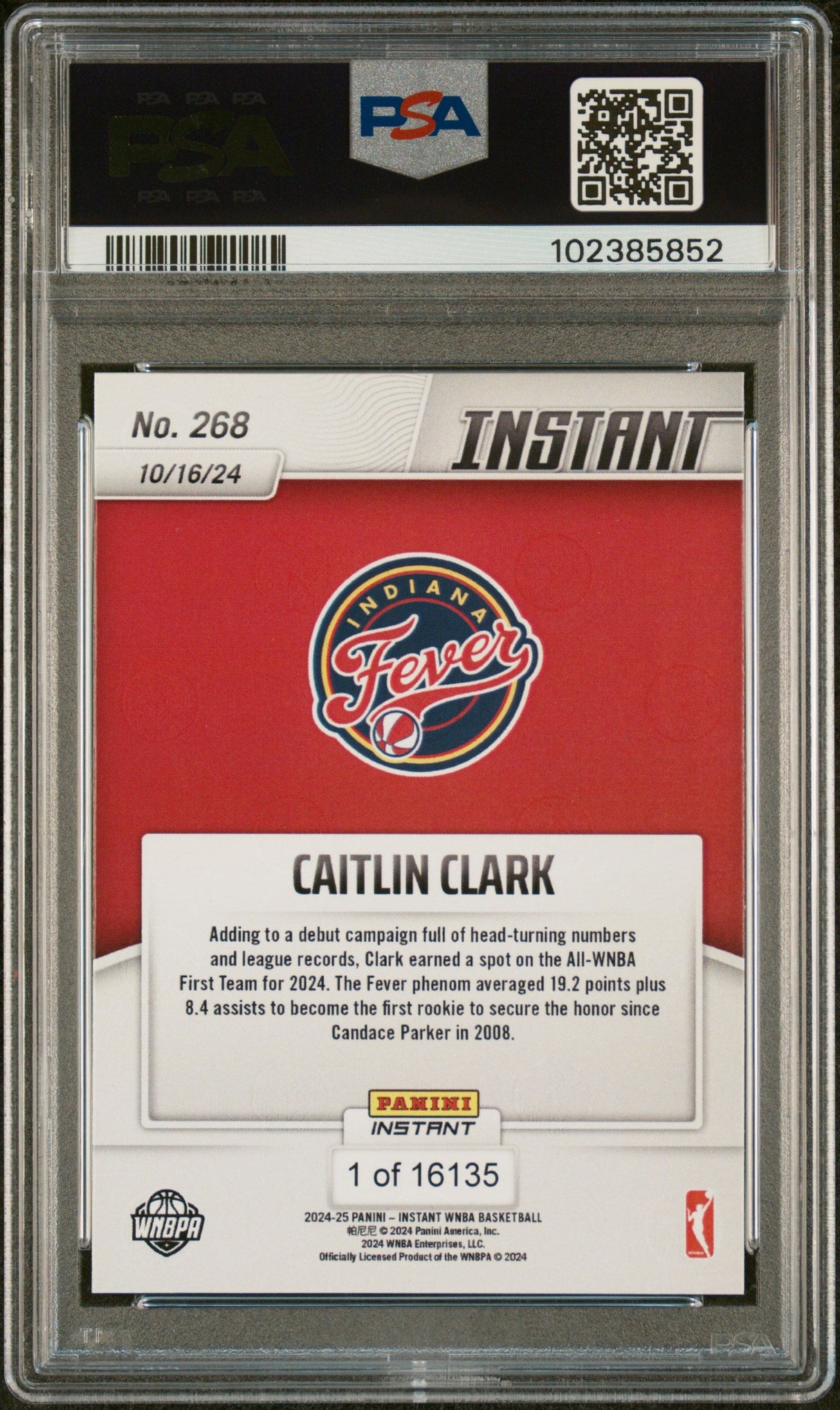 Tarjeta de baloncesto Caitlin Clark #268 Rookie RC de la WNBA Panini Instant 2024, PSA 10 Gem Mint