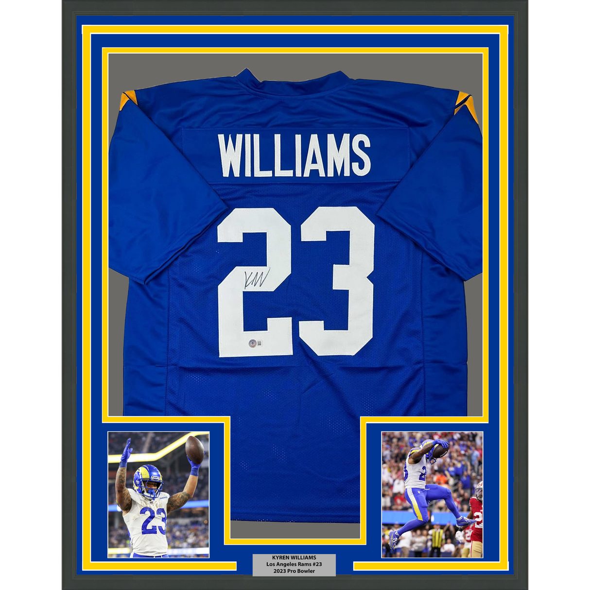 Camiseta de fútbol azul de Los Ángeles LA Beckett BAS COA enmarcada, autografiada y firmada por Kyren Williams, 35 x 39