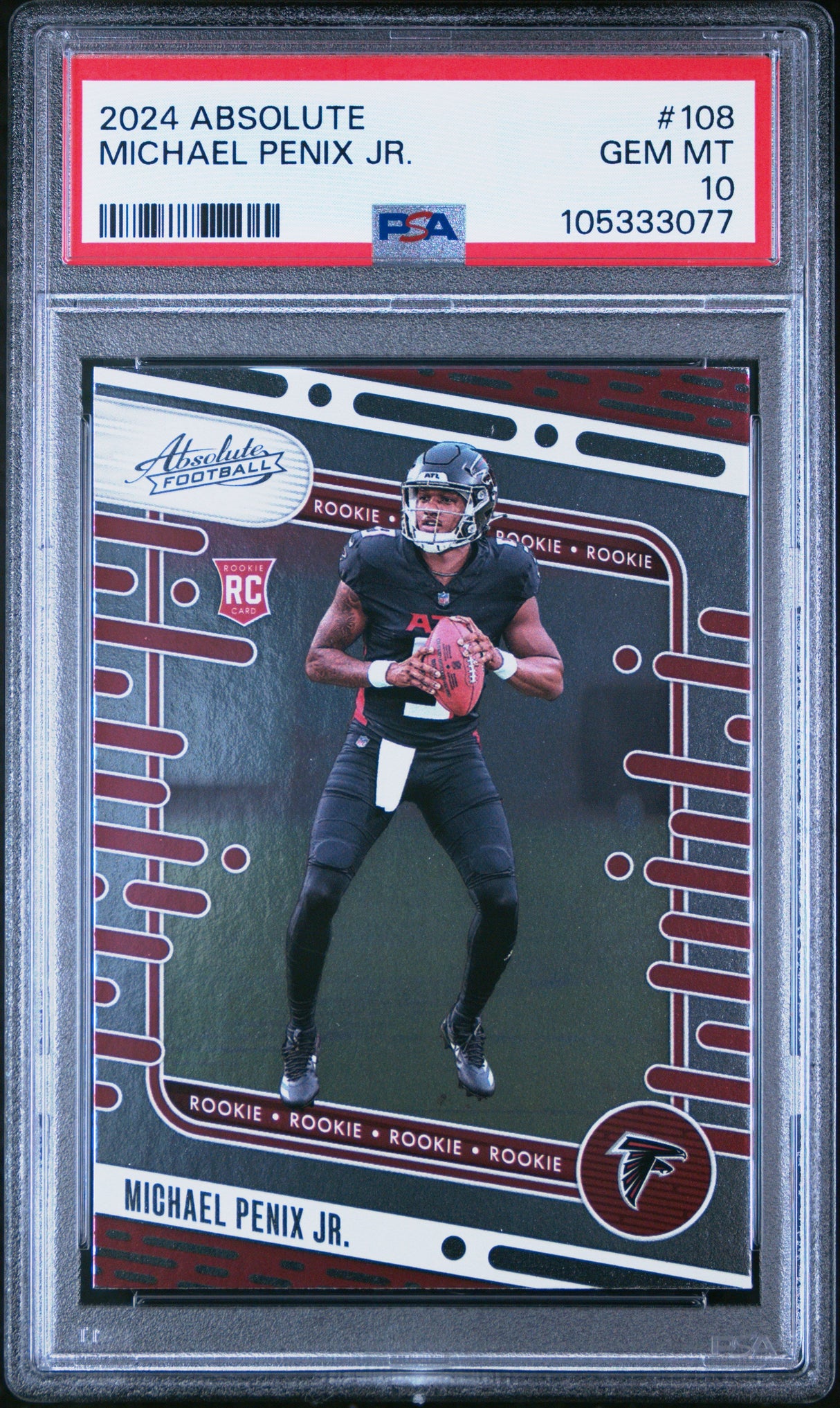 Tarjeta de fútbol Panini Absolute Michael Penix Jr #108 Rookie RC 2024, clasificada PSA 10 Gem Mint