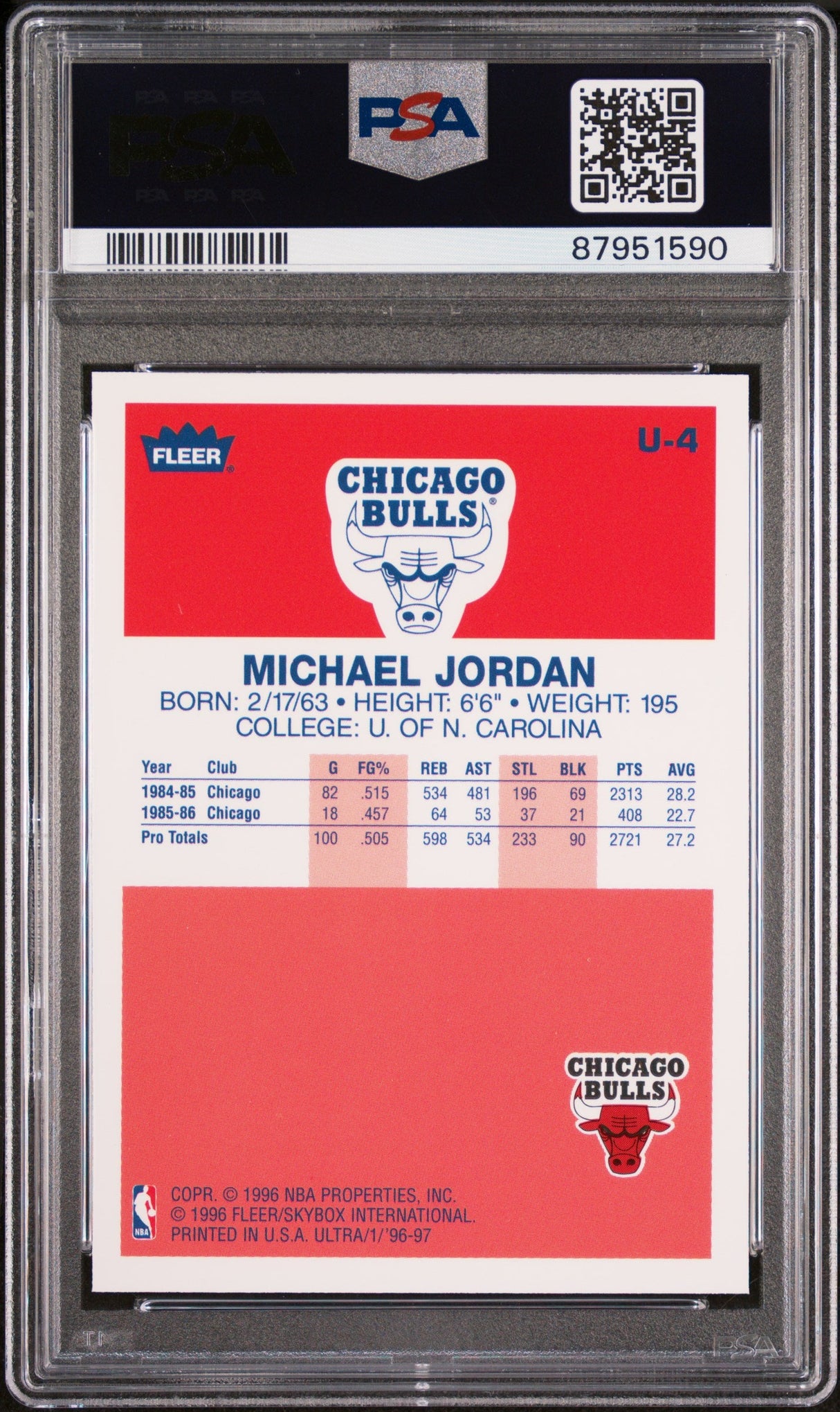 Graded 1996 Fleer Ultra Michael Jordan #U4 Decade of Excellence Rookie Reprint Basketball Card PSA 9 Mint