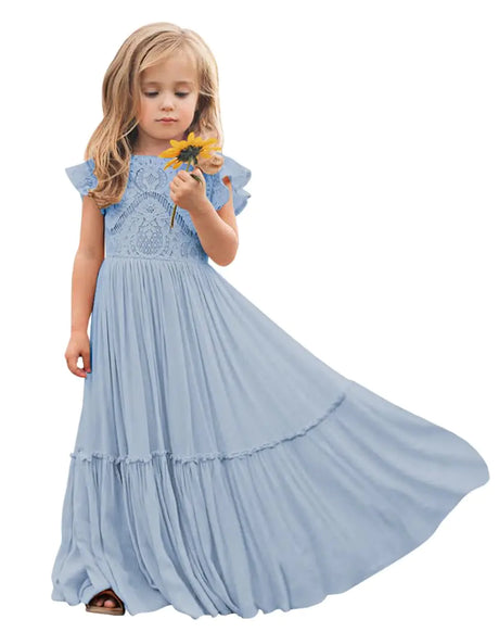 Girwem Boho Toddler Flower Girls Dresses for Wedding Lace Embroidery Bridesmaid Dresses Long Chiffon Party Dresses 2 Dusty Blue - Lootquake