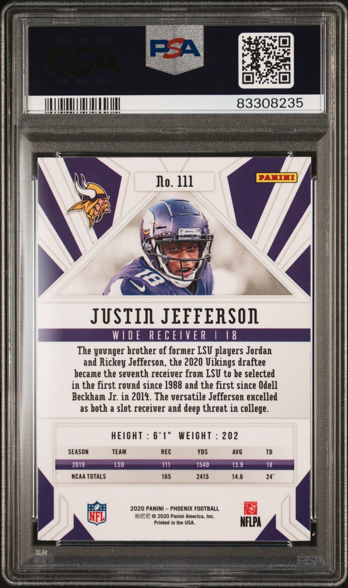 Tarjeta de fútbol RC de novato Fire Burst de Justin Jefferson n.° 111 de Panini Phoenix, clasificada en 2020, PSA 10 Gem Mint