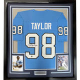 Camiseta de fútbol americano universitario azul de la UNC de Carolina del Norte, enmarcada, autografiada y firmada por Lawrence Taylor, 35 x 39, Beckett BAS COA