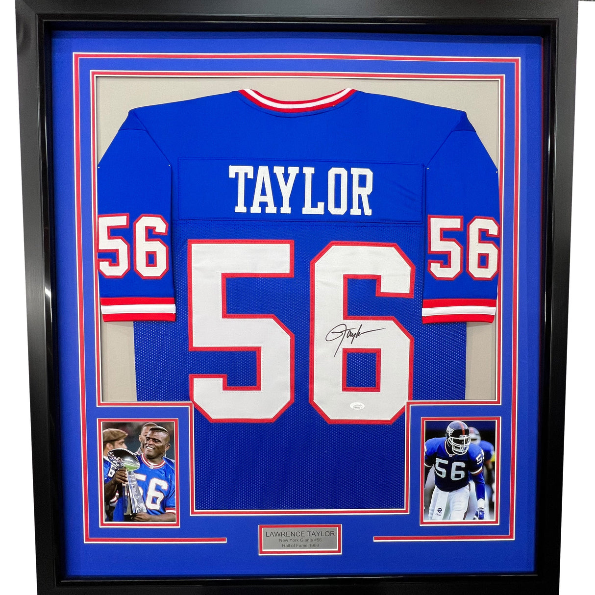 Camiseta de fútbol azul de Nueva York de 35 x 39, enmarcada, autografiada y firmada por Lawrence Taylor (JSA COA)