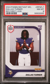 Tarjeta de fútbol americano de primera vista de Dallas Turner de la NFL, clasificada en 2024, número RPSFL7, PSA 8, casi nueva