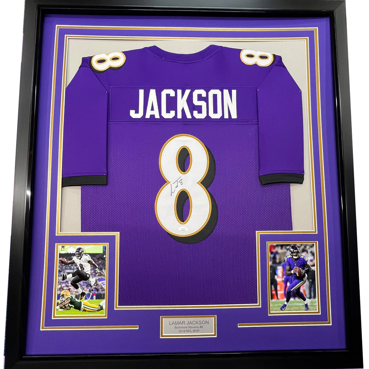 Camiseta de fútbol morado de Baltimore de 35 x 39, enmarcada, autografiada y firmada por Lamar Jackson (JSA COA)