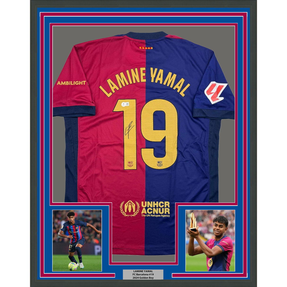 Lámina Yamal enmarcada, autografiada y firmada, 35 x 39, camiseta de fútbol azul del FC Barcelona, ​​Beckett BAS COA