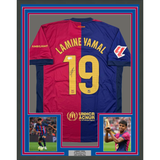Lámina Yamal enmarcada, autografiada y firmada, 35 x 39, camiseta de fútbol azul del FC Barcelona, ​​Beckett BAS COA
