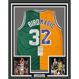 Framed Autographed/Signed Larry Bird & Magic Johnson 35x39 Dual Basketball Jersey JSA COA
