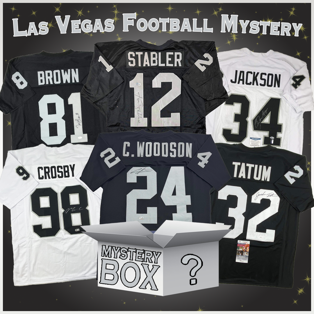 Caja misteriosa de camisetas de fútbol americano de Oakland Las Vegas autografiadas/firmadas con PSA JSA o Beckett COA 