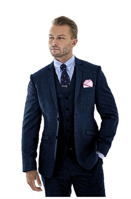 Wudli Mens 3 Pieces Linen Suit Slim Fit Summer Wedding Tuxedo Retro Grooms Prom Party Blazer Waistcoat Trousers Navy-S - Lootquake