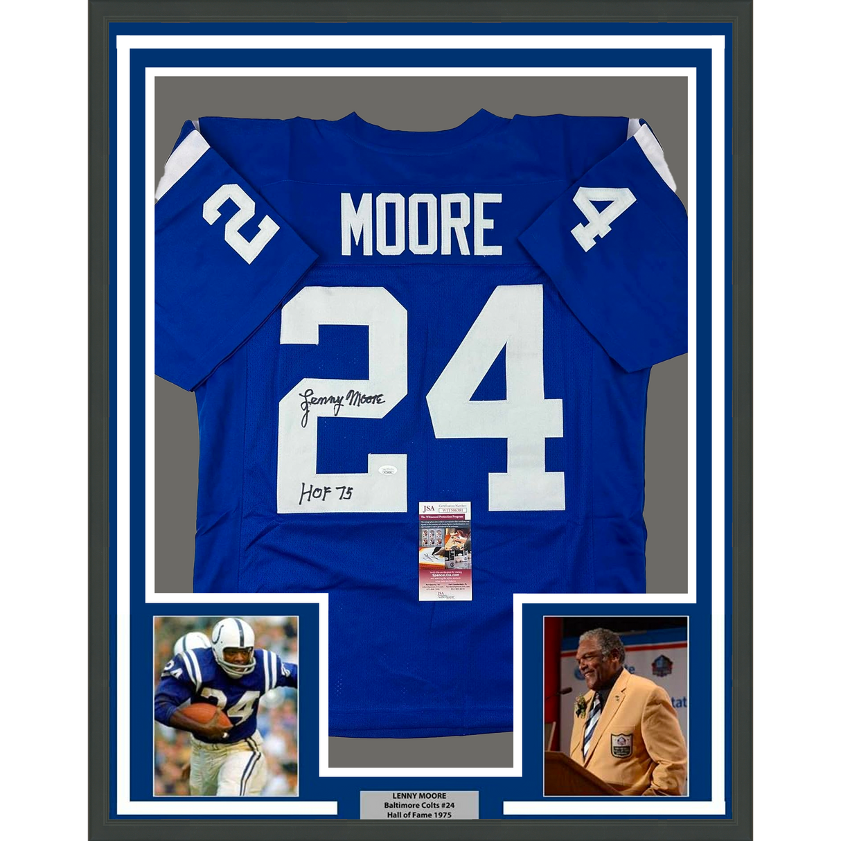 Camiseta de fútbol azul Baltimore del Salón de la Fama 75, enmarcada, autografiada y firmada por Lenny Moore, 35 x 39, JSA COA