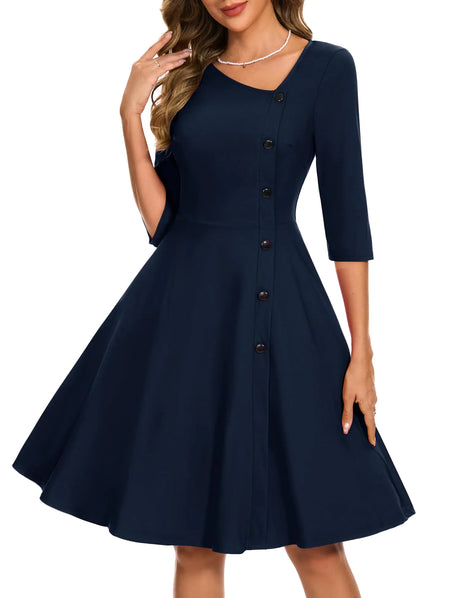 Aupuls 1950s Dresses for Women Long Sleeve Cocktail Dress Vintage Dress Swing Dresses Fall Navy Dresses for Women Wedding Guest Dresses for Women Navy M - Lootquake
