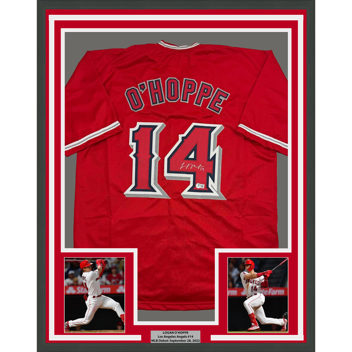 Framed Autographed/Signed Logan O'Hoppe 35x39 Los Angeles LA Anaheim Red Baseball Jersey Beckett BAS COA