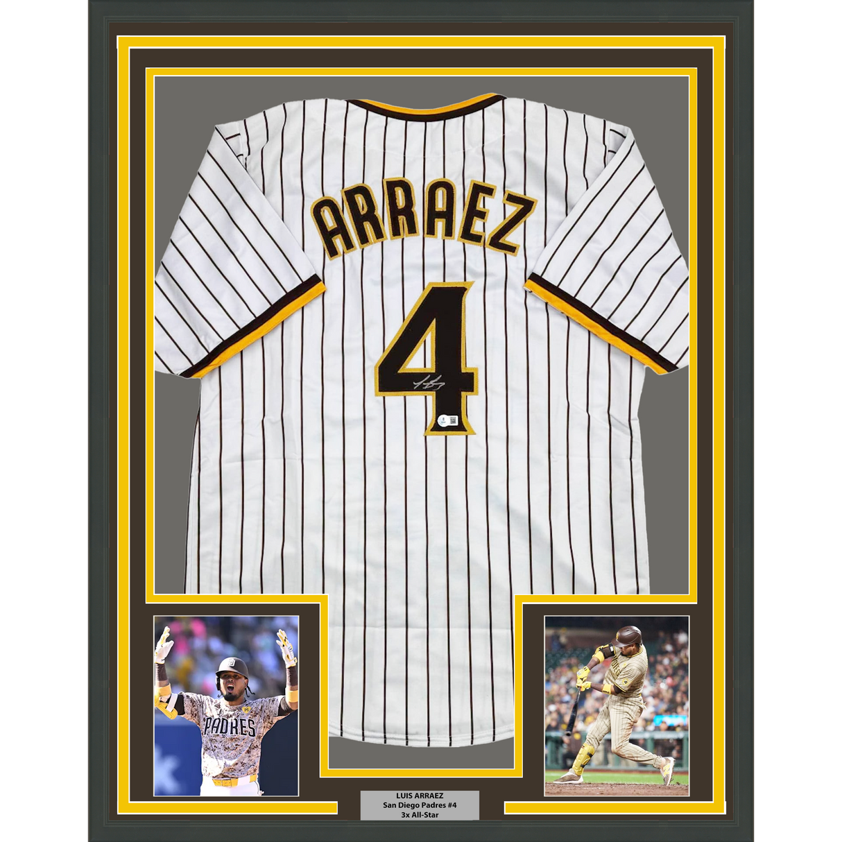 Camiseta de béisbol de rayas de San Diego de 35 x 39 de Luis Arraez, enmarcada y autografiada, firmada y coordinada por Beckett BAS COA